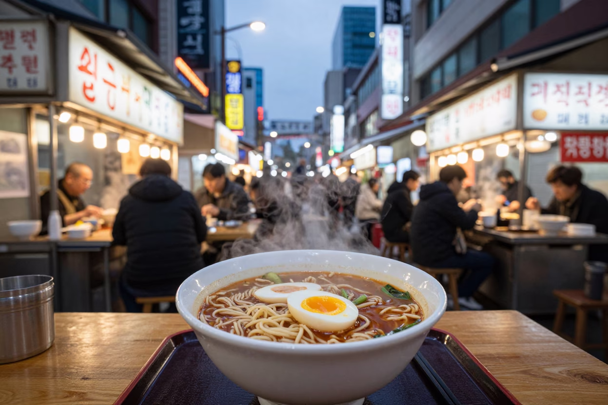 Evening Ramen in Seoul at As City Lights Begin To Glow in in Seoul, South Korea