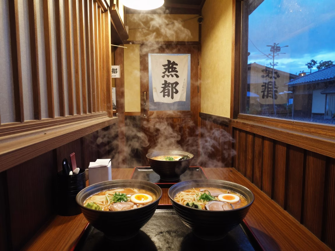 Evening Ramen Shop in Kyoto Japan with Steam and Blue Hour Light in in Kyoto, Japan
