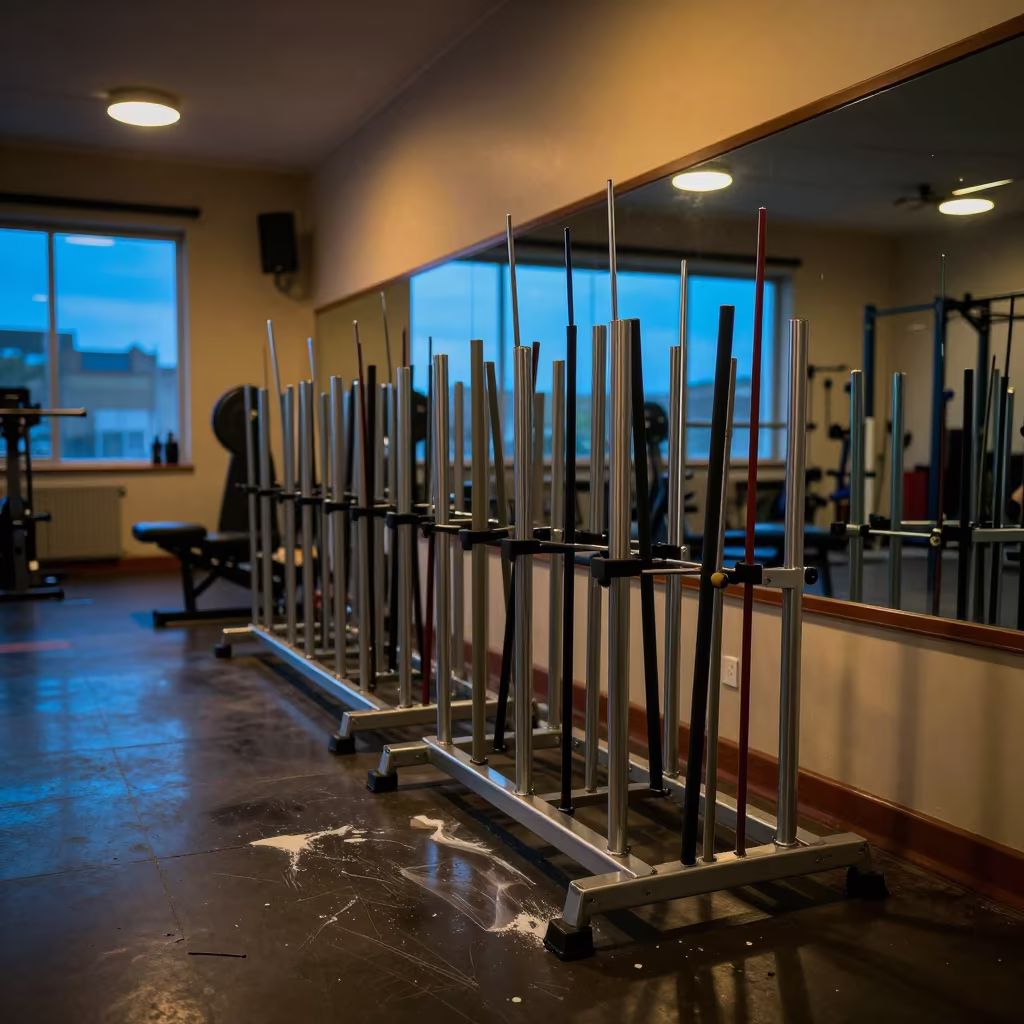 Evening Recovery Room Stick Rack with Muted Reflections in inside a strength room in Greater Noida