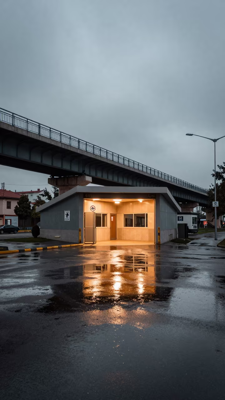 Evening Reflection of Overpass in Manisa Puddle in outside a metro entrance in Manisa