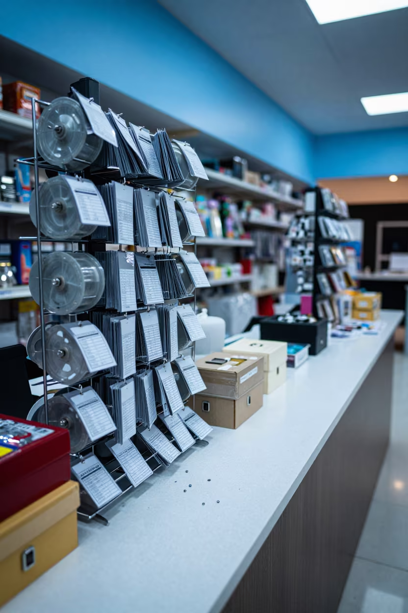 Evening Retail Counter with Gift Wrap Spool and Tools in inside a storefront display zone in Ciudad del Carmen