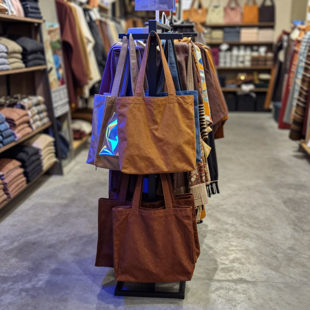 Evening Retail Tote Rack Near Seasonal Endcap in beside a seasonal endcap near the sales floor near Asyut