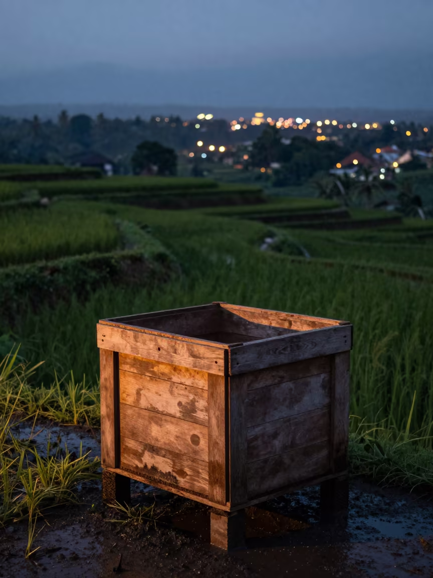 Evening Rice Paddy Crate with Distant Haze in among terraced rice paddies in Bali