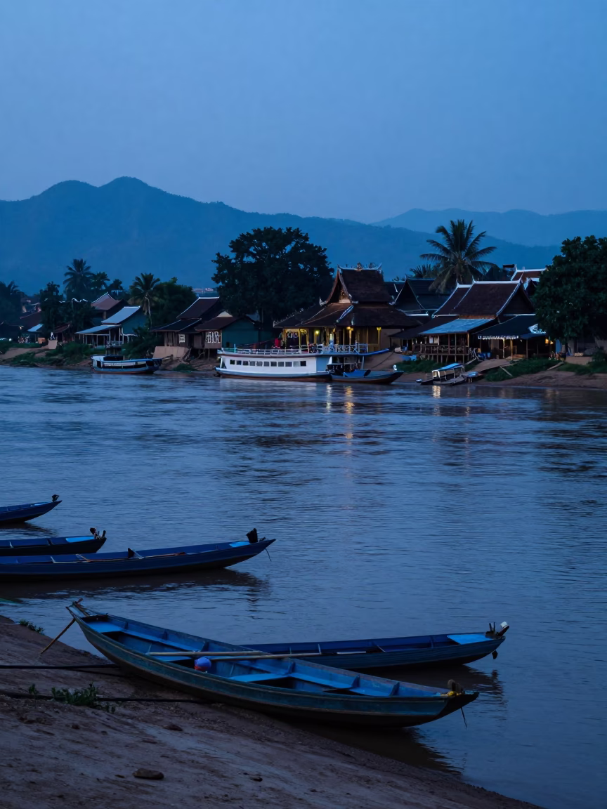 Evening Riverbank Scene in Luang Prabang Laos with Boats and Local Life in in Luang Prabang, Laos