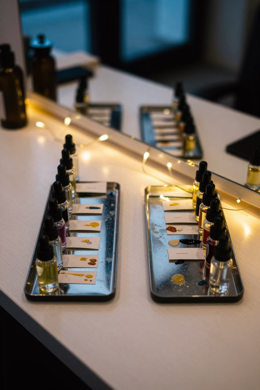 Evening Salon Cuticle Oil Tray with Chrome Reflections in at a salon reception counter in Bucharest