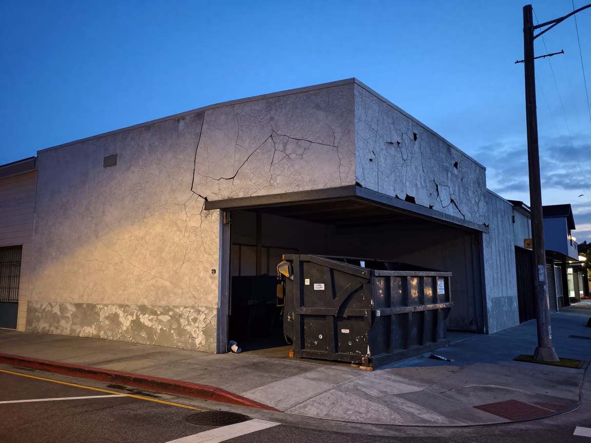 Evening San Diego Street Scene with Cracked Painted Stucco and Demolition Dumpster in in San Diego, California, United States