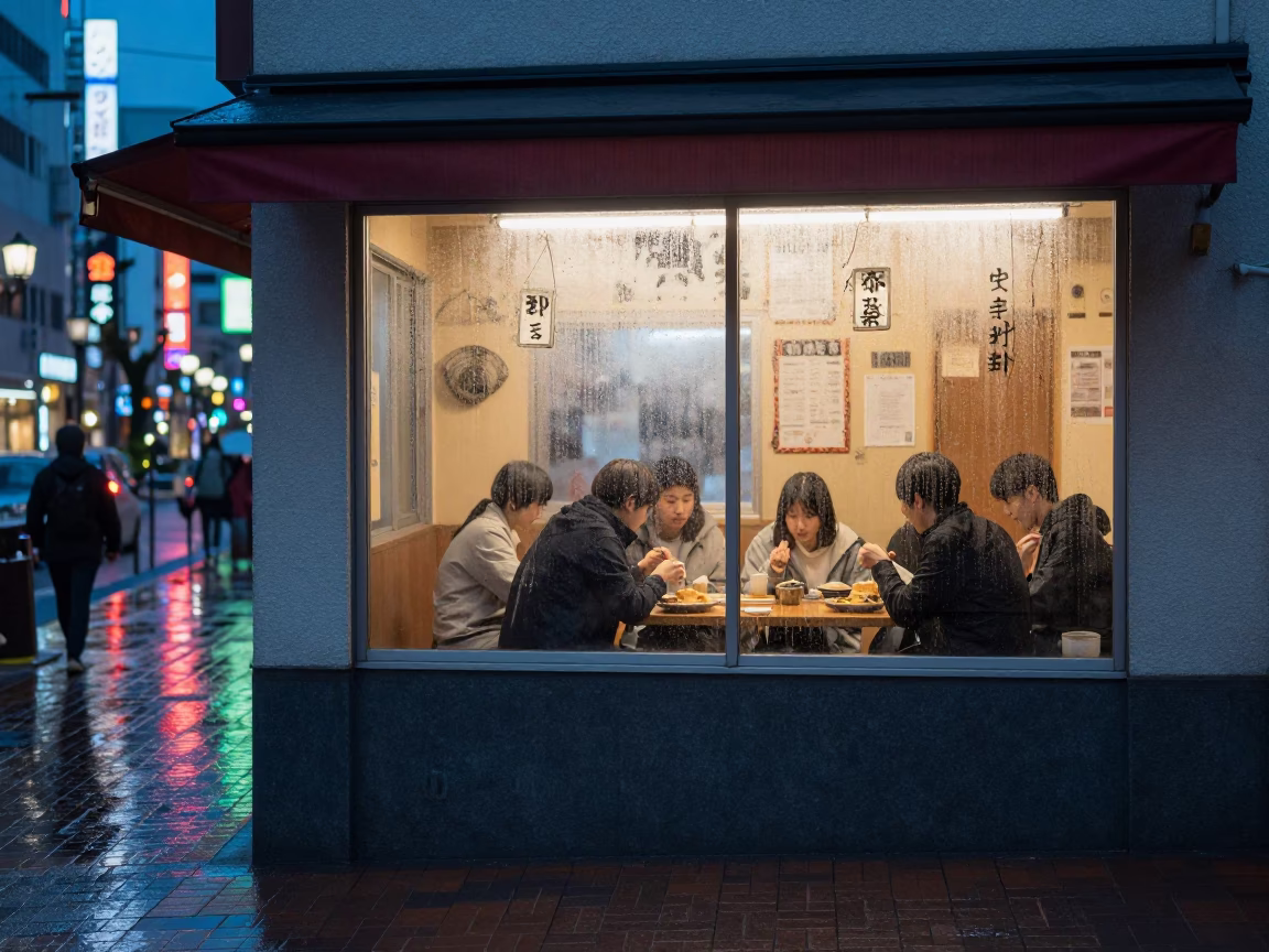 Evening Sapporo Street Scene with Condensation on Glass and Local Diners in in Sapporo, Japan