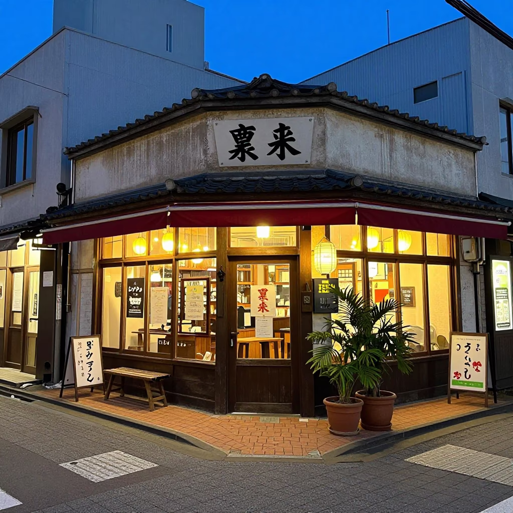 Evening Sapporo Street Scene with Vintage Storefront and Potted Succulents in in Sapporo, Japan
