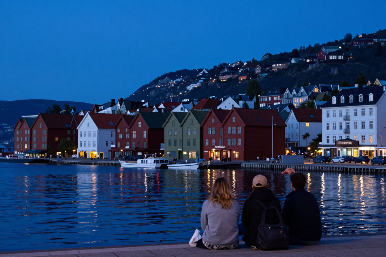 Evening Scene in Bergen at The Last Blue Light Of Evening in in Bergen, Norway