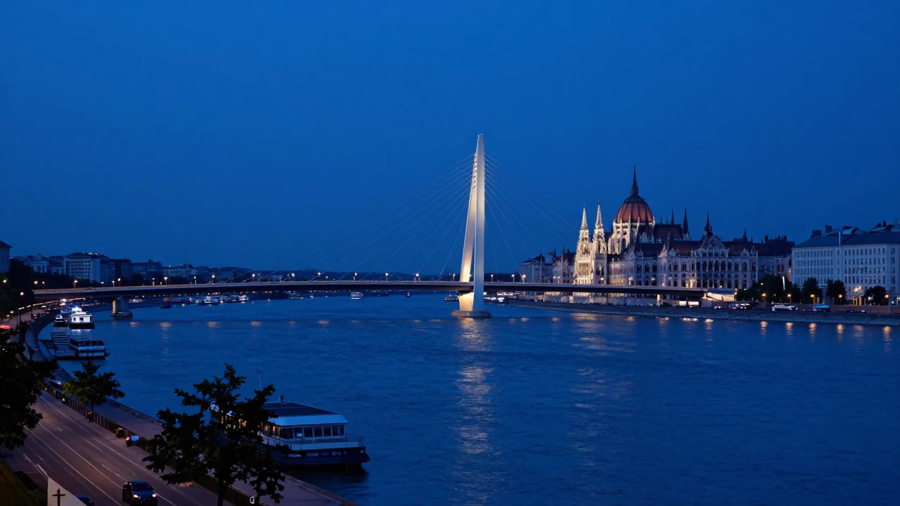 Evening Scene in Budapest at The Last Blue Light Of Evening in in Budapest, Hungary