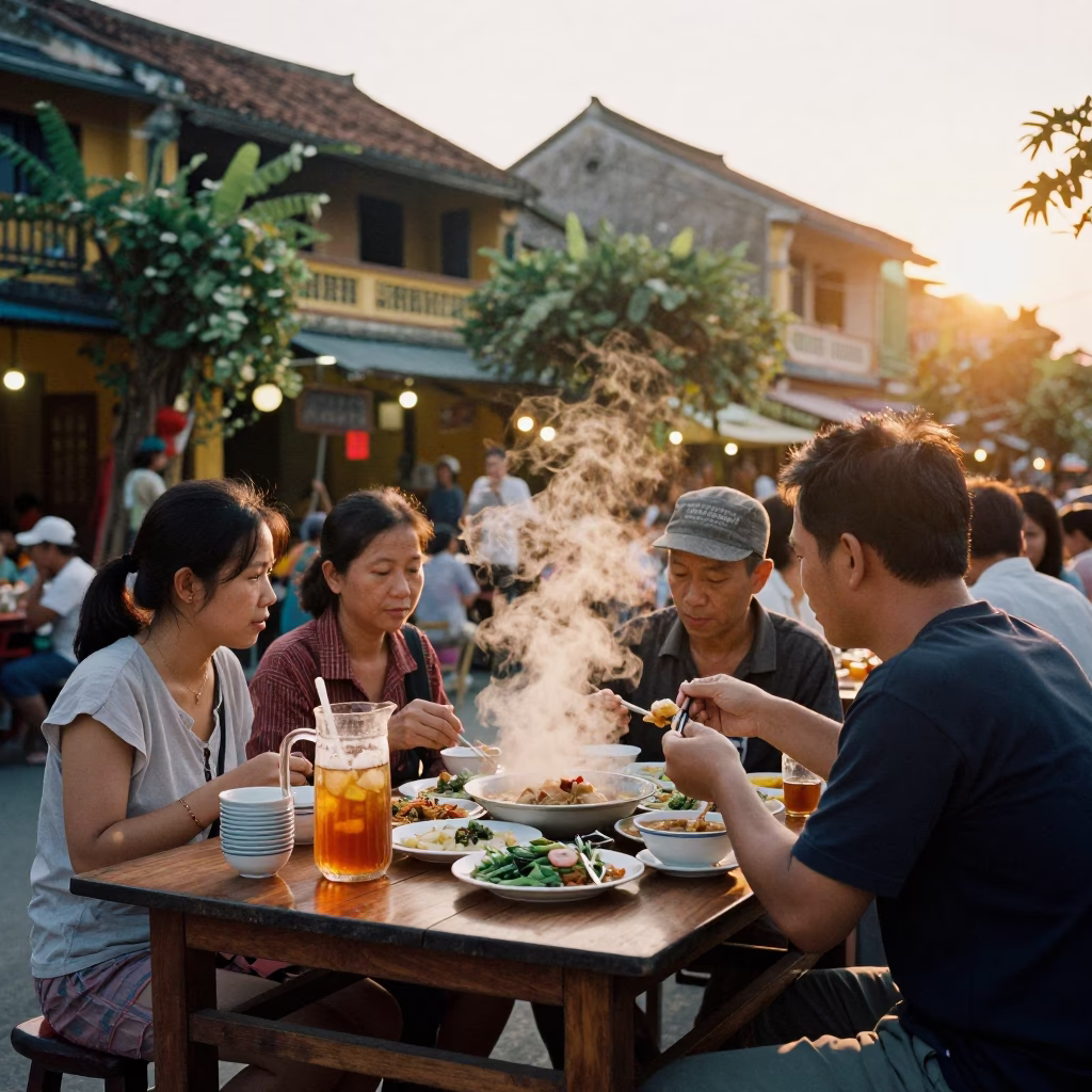Evening Scene in Hoi An at Honeyed Evening Light in in Hoi An, Vietnam