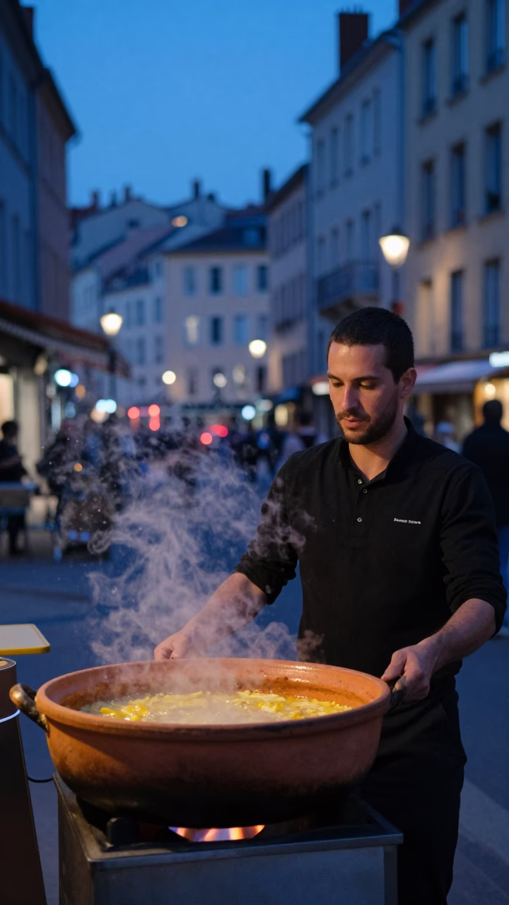 Evening Scene in Lyon France With Clay Pot Cassoulet Bubbling on Outdoor Cafe Table in in Lyon, France