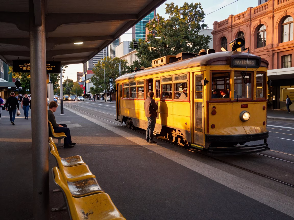 Evening Scene in Melbourne at Honeyed Evening Light in in Melbourne, Victoria, Australia