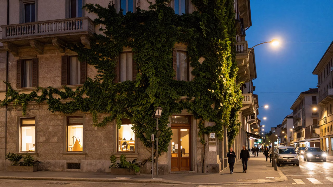 Evening Scene in Milan at As City Lights Begin To Glow in in Milan, Italy