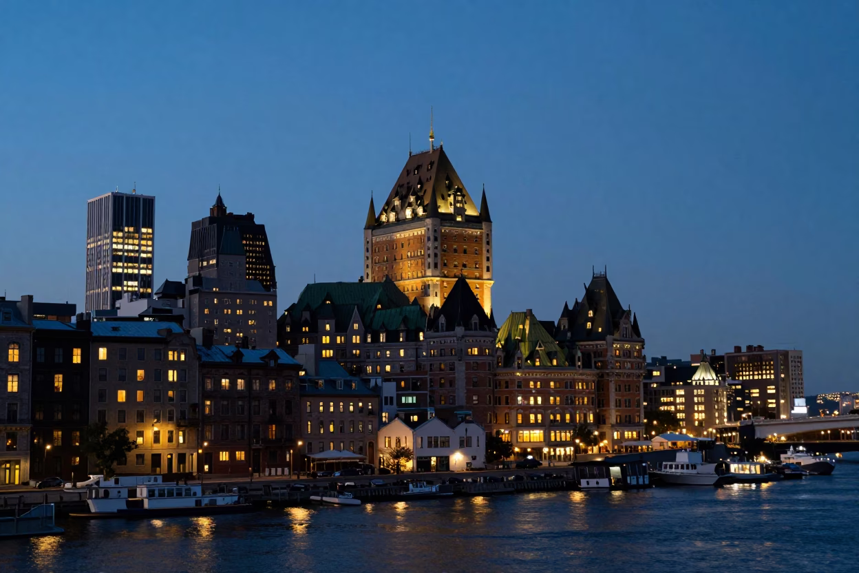 Evening Scene in Montreal at As City Lights Begin To Glow in in Montreal, Quebec, Canada
