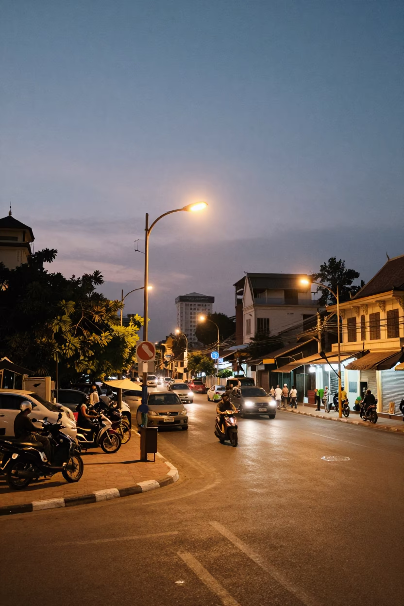 Evening Scene in Phnom Penh at As City Lights Begin To Glow in in Phnom Penh, Cambodia