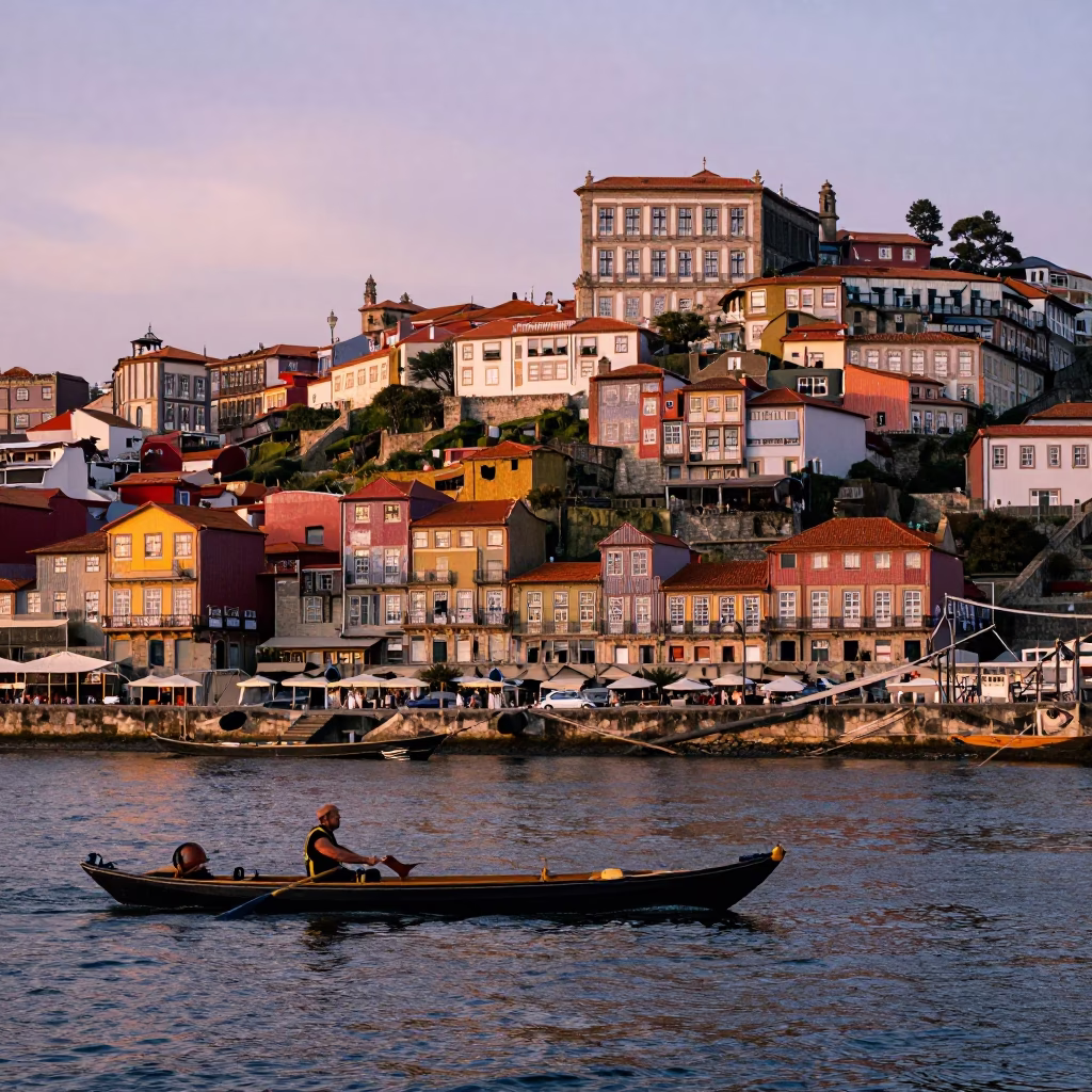 Evening Scene in Porto at The Early Evening Light in in Porto, Portugal