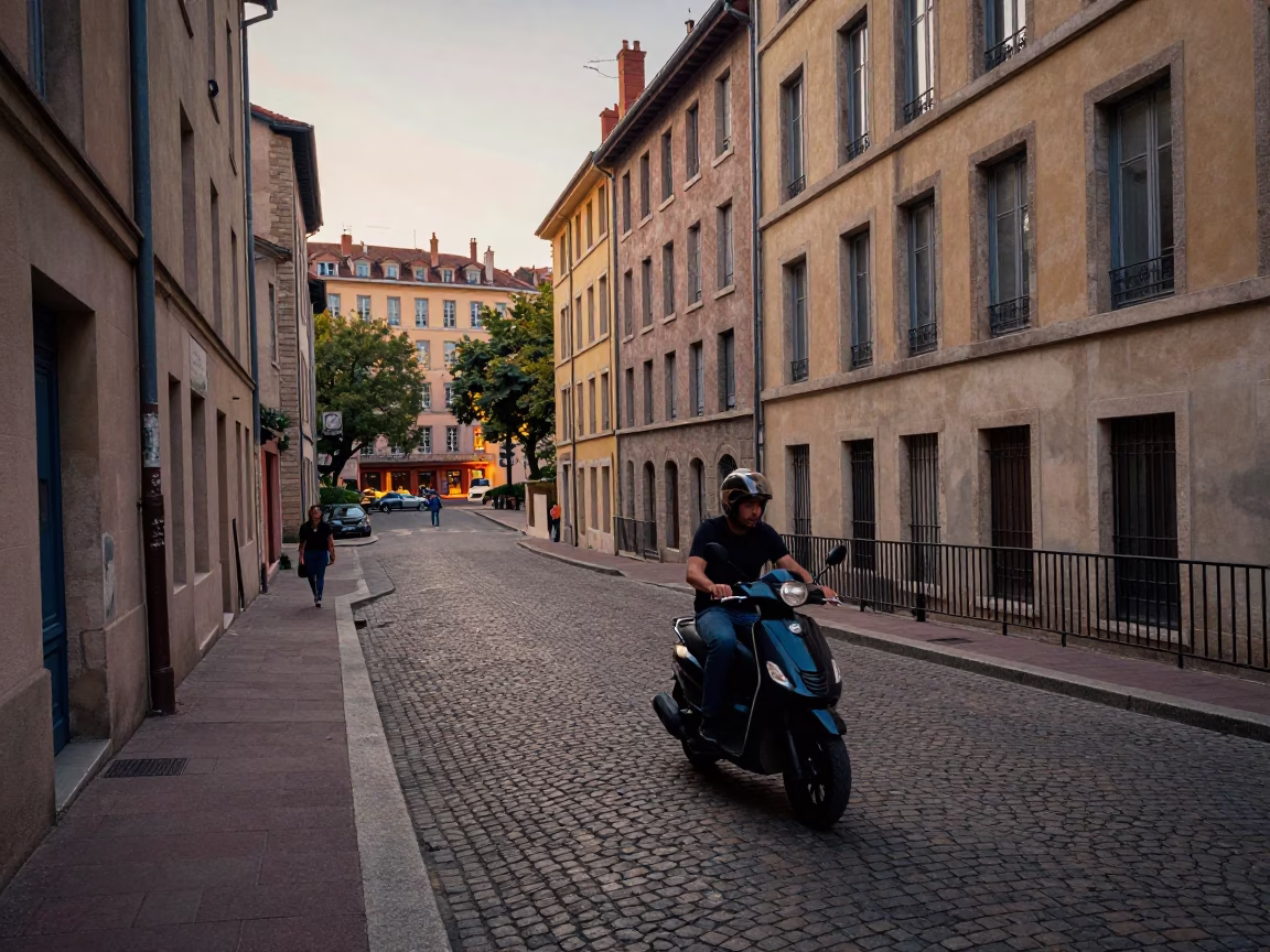 Evening Scooter Weaving Through Lyon Old Town Streets Near Water Taxi Dock in in Lyon, France
