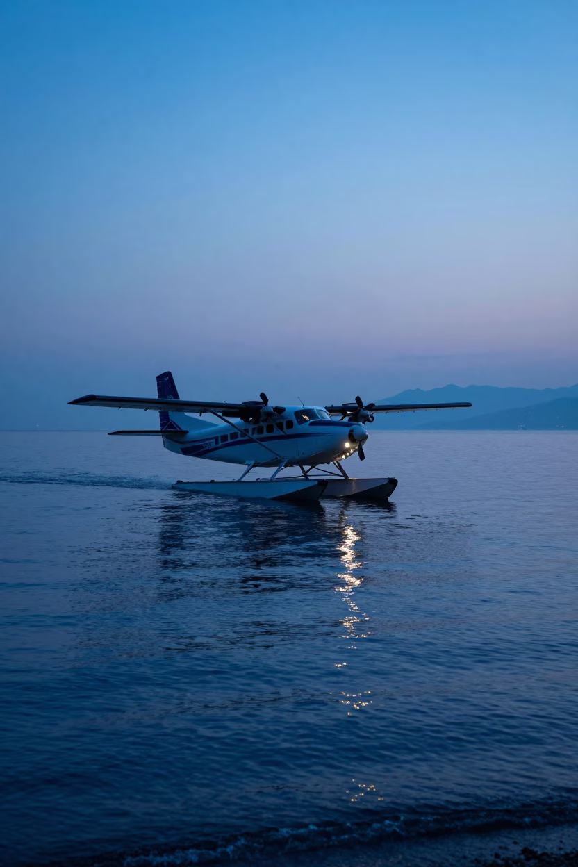 Evening Seaplane Landing on Kordon Beach Izmir Turkey Blue Hour in in Izmir, Turkey