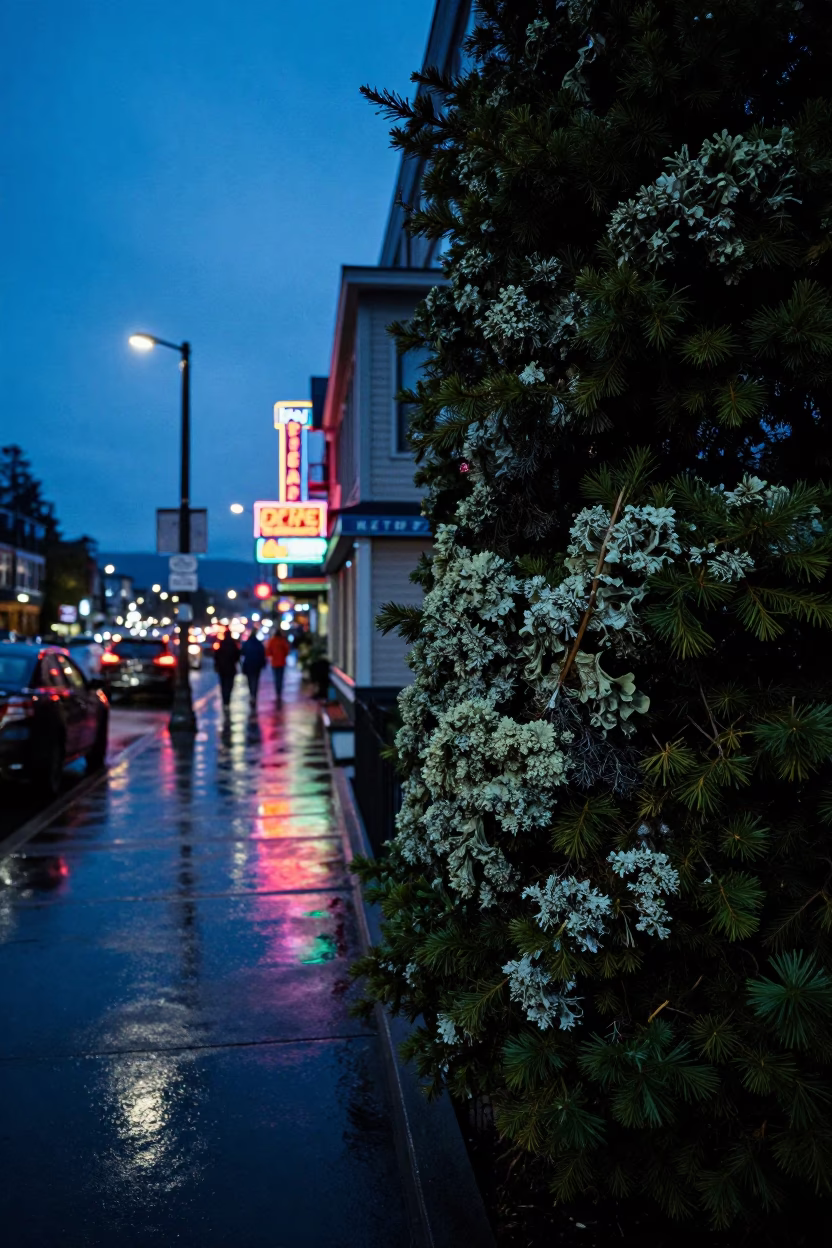 Evening Seattle Street Scene with Old-Man's-Beard Lichen on Conifer Trees in in Seattle, Washington, United States