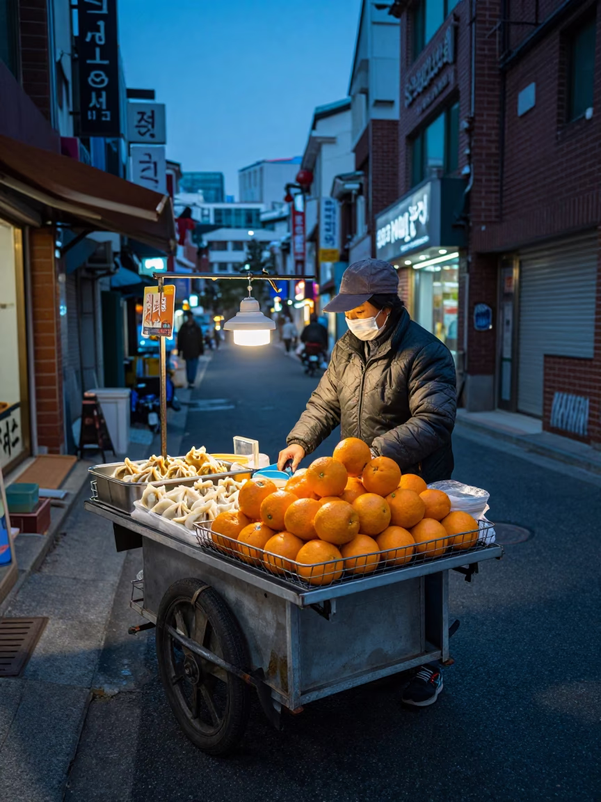 Evening Seoul Street Food Vendor with Oranges and Wonton Soup in Blue Hour Light in in Seoul, South Korea