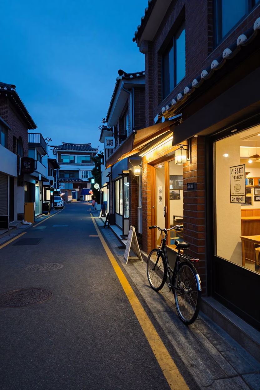 Evening Seoul Street Scene with Bicycle Leaning Against Cafe Under Blue Hour Light in in Seoul, South Korea