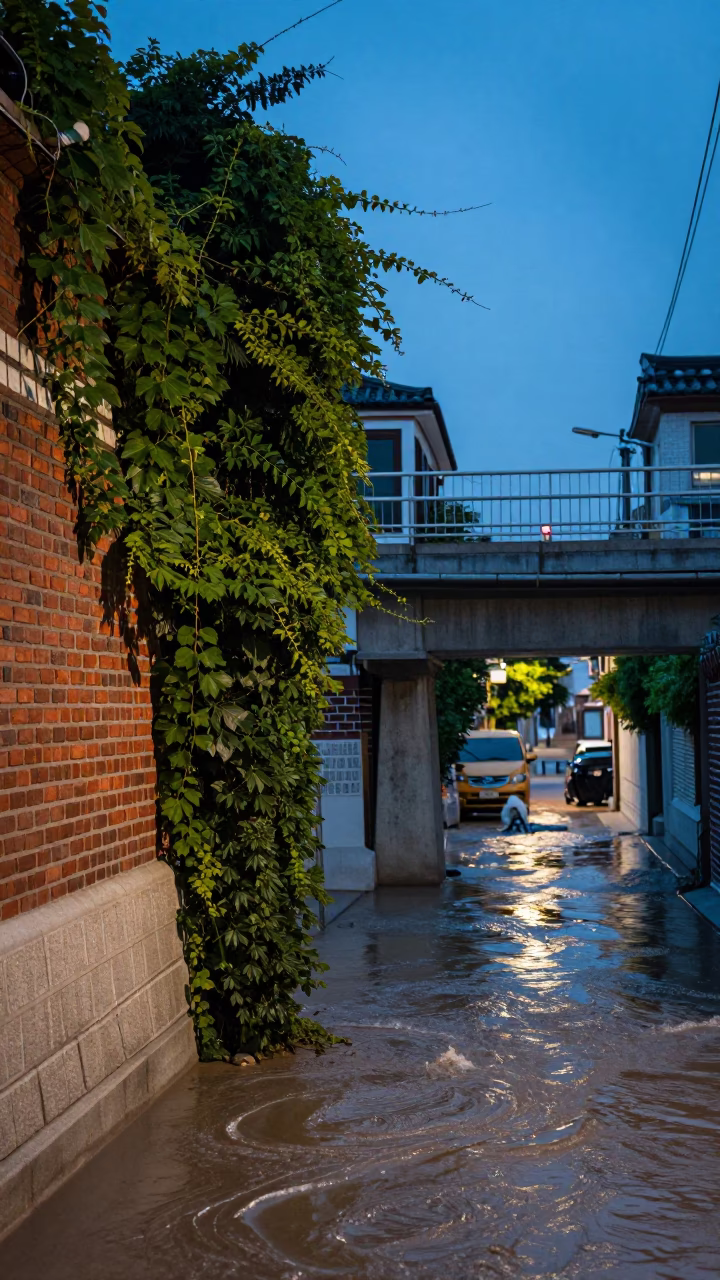 Evening Seoul Street Scene with Brick Wall Ivy and Muddy Floodwater Bridge Pier in in Seoul, South Korea