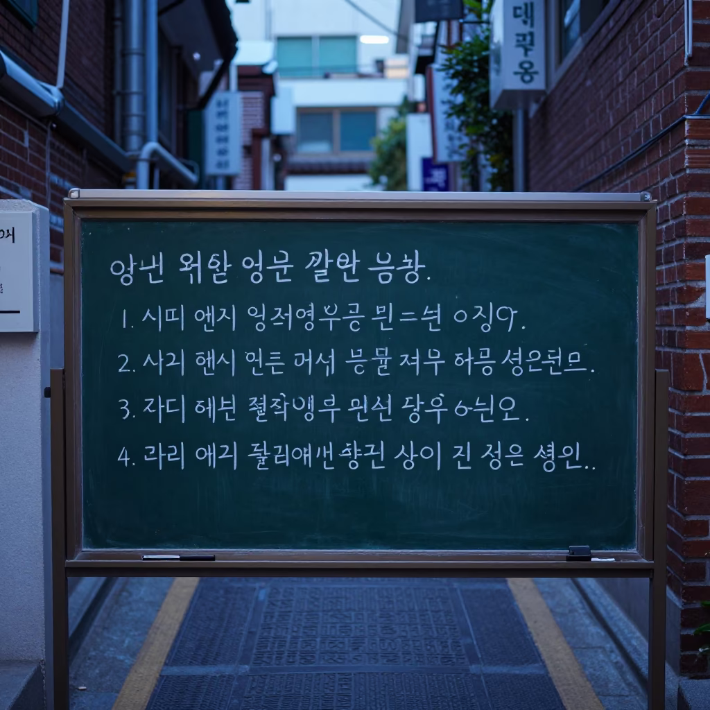 Evening Seoul Street Scene with Chalkboard Grammar Lesson Under Ceiling Fan in in Seoul, South Korea