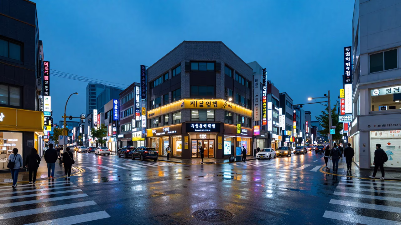 Evening Seoul Street Scene with Neon Lights and Pedestrians in in Seoul, South Korea