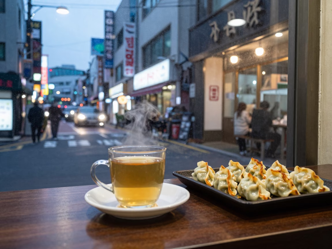 Evening Seoul Street Scene with Steaming Genmaicha Tea and Gyoza at Local Restaurant Window in in Seoul, South Korea