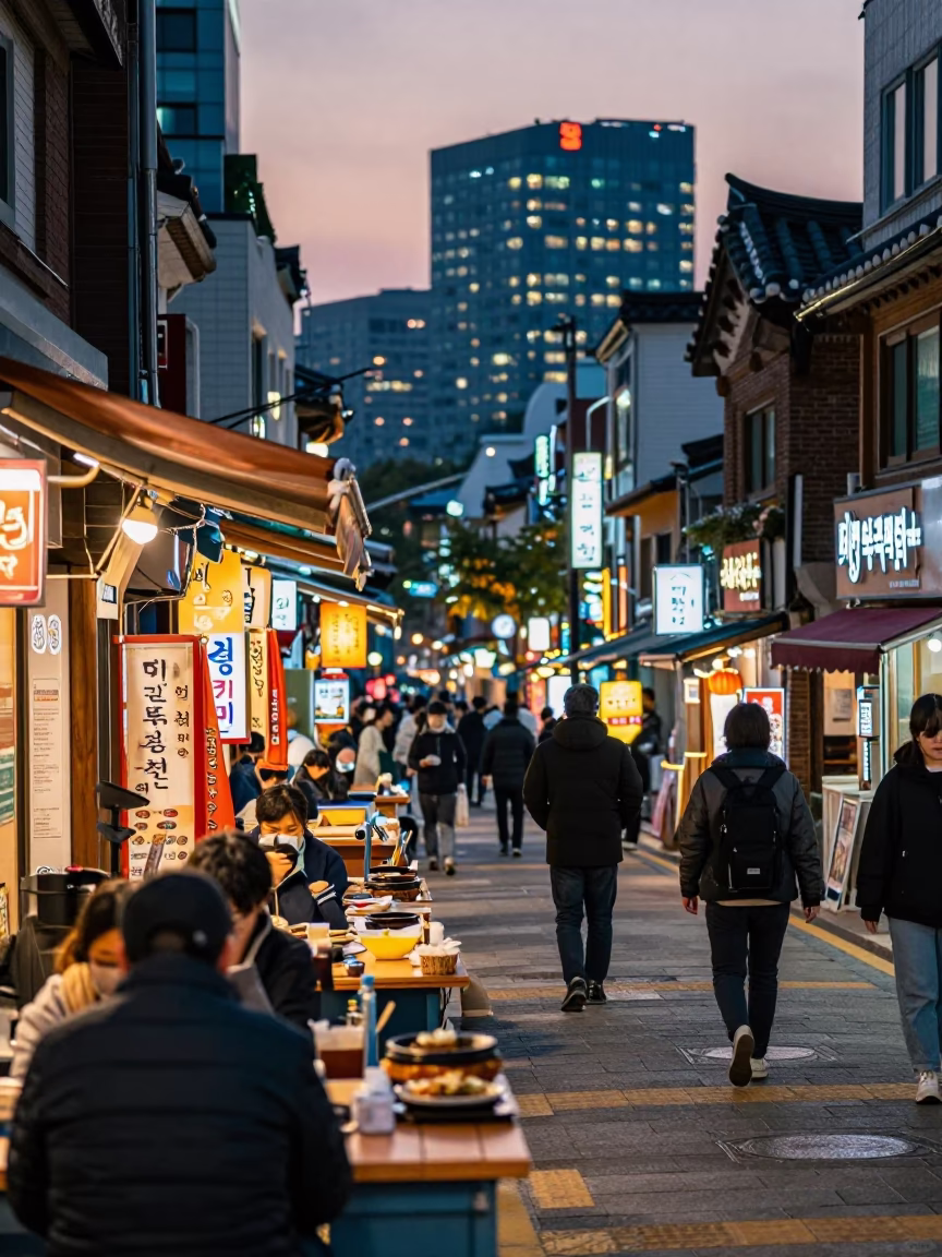Evening Seoul Street Scene with Traditional Korean Food and Urban Architecture in in Seoul, South Korea