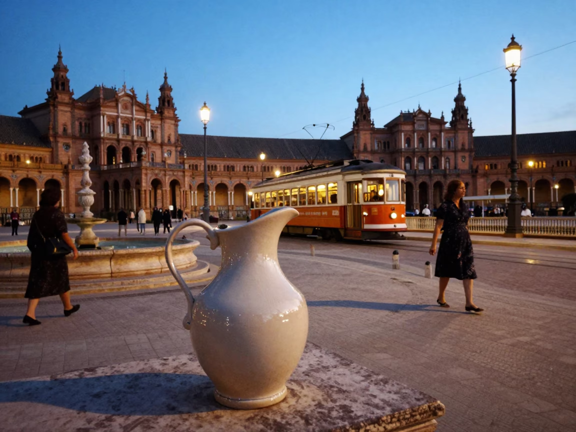 Evening Seville Street Scene with Ceramic Pitcher and Tram Passersby in in Seville, Spain