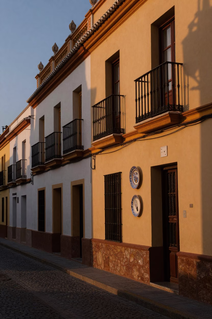 Evening Seville Street Scene with Ceramic Plate and Whisk on Balcony in in Seville, Spain