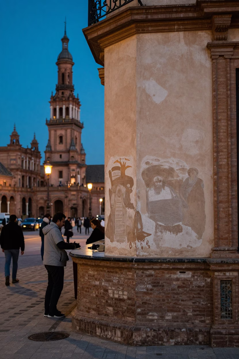 Evening Seville Street Scene with Smudged Plaster Walls and Blue Light in in Seville, Spain