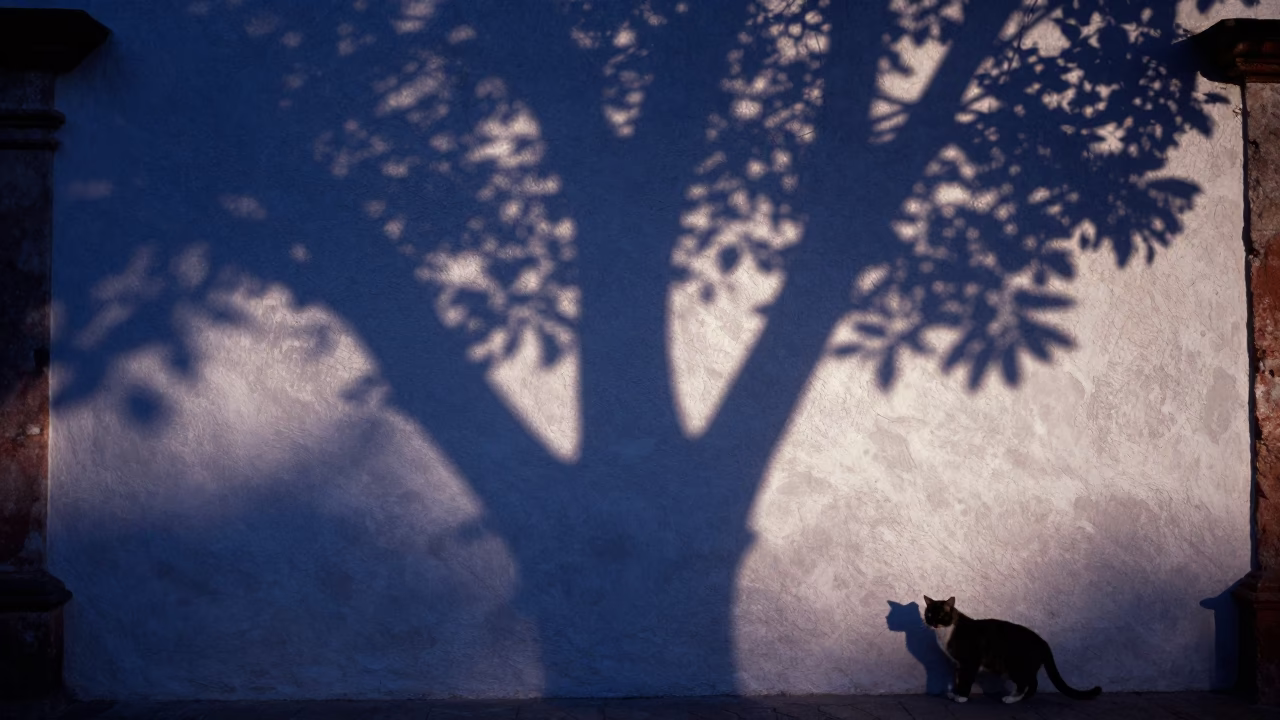 Evening Shadows on Oaxaca Plaster Wall with Cat and Leaf Patterns in in Oaxaca, Mexico