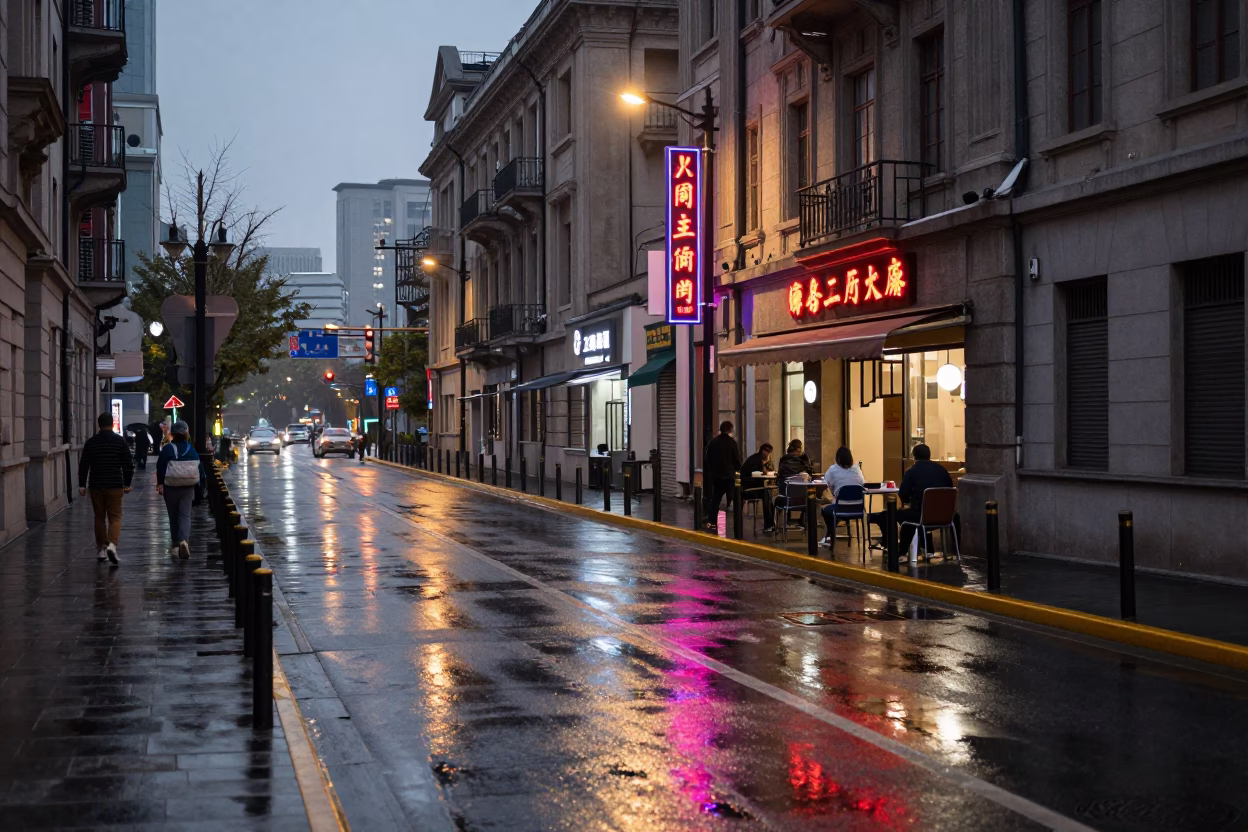 Evening Shanghai Street Scene with Neon Reflections and Local Dining Elements in in Shanghai, China