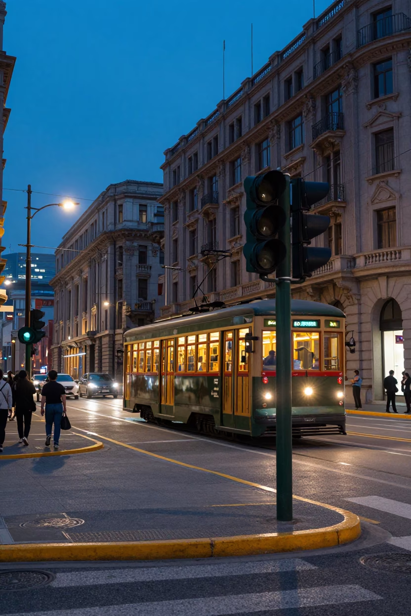 Evening Shanghai Street Scene with Signal Gantry and Tram in Blue Hour Light in in Shanghai, China