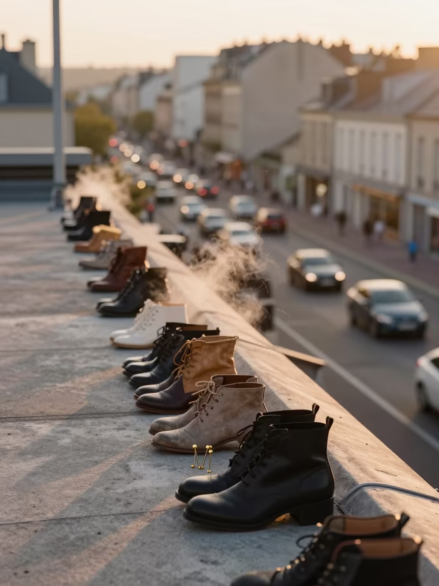 Evening Shoe Lineup Brass Pins Rooftop Dijon in on a rooftop above evening traffic near Dijon
