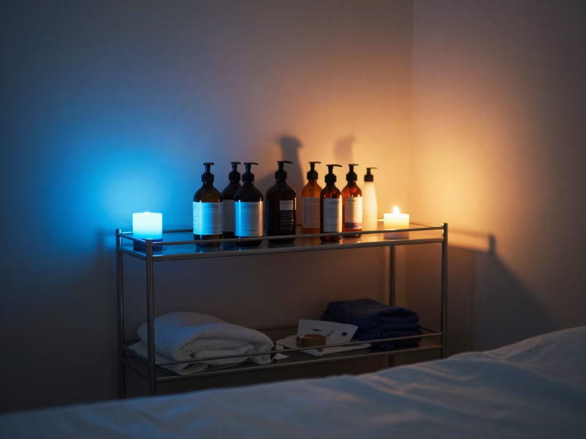 Evening Skincare Backbar Pump Shelf in inside a skincare treatment room in Gujranwala