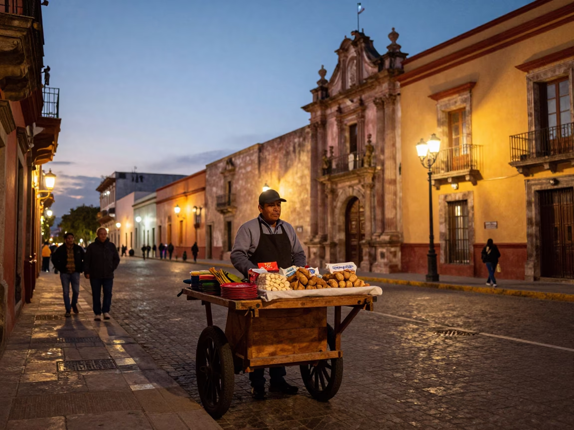 Evening Snack in Oaxaca at As City Lights Begin To Glow in in Oaxaca, Mexico
