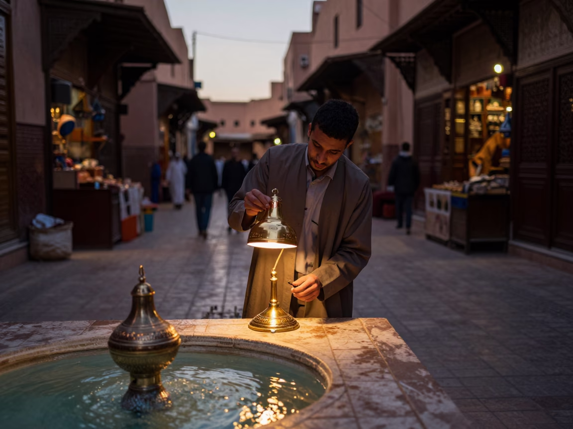 Evening Souk Scene in Marrakech Morocco with Desk Lamp and Fountain Pen in in Marrakech, Morocco