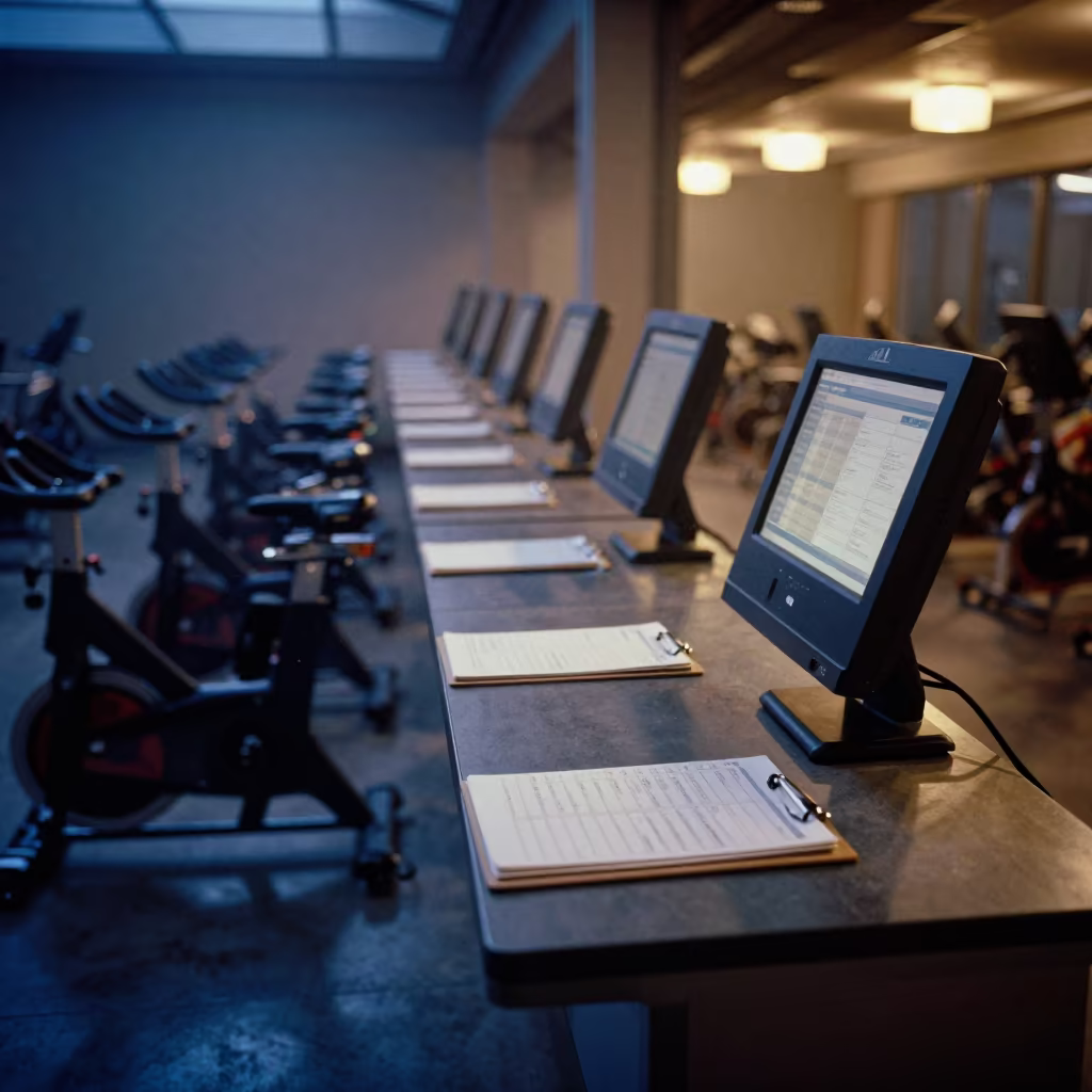 Evening Spin Studio Desk Before Class Turnover in inside a spin studio under class lights near Vitarte