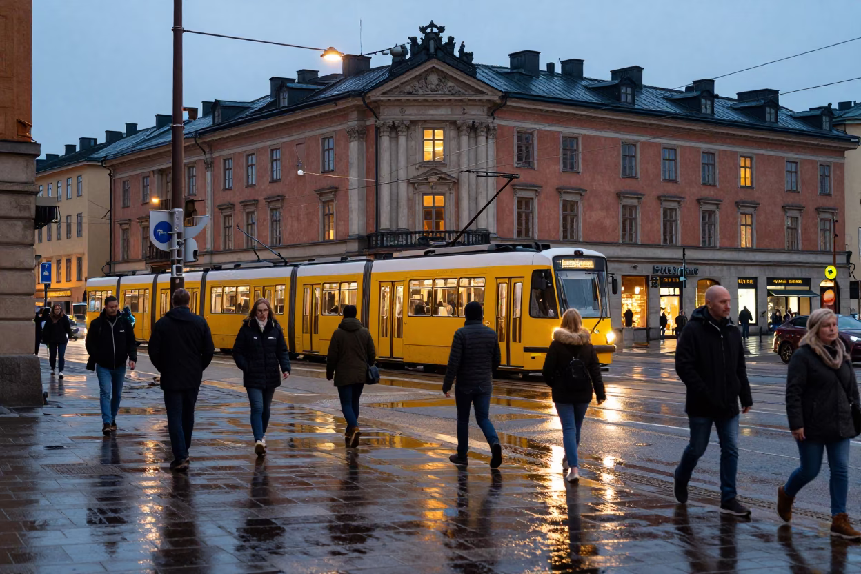 Evening Stockholm Street Scene with Tram and Art Nouveau Architecture in in Stockholm, Sweden