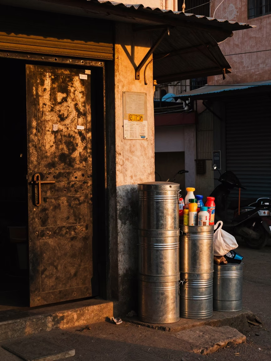 Evening street corner in Hyderabad India with iron deadbolt and storage tins in in Hyderabad, India
