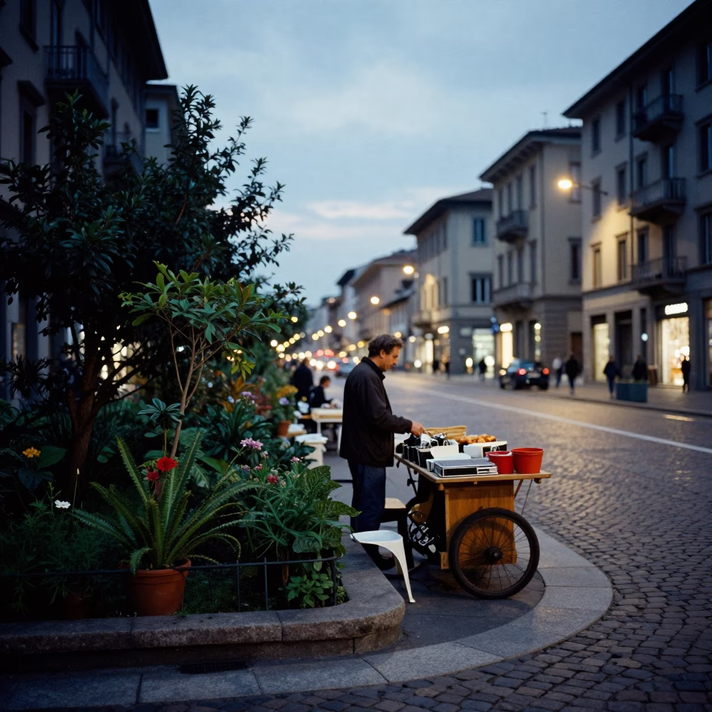 Evening Street Corner in Milan Italy with Local Vendor and Garden Tools in in Milan, Italy