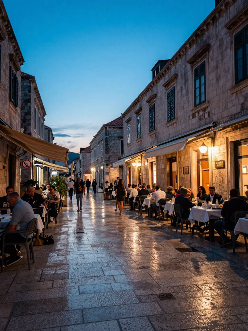 Evening Street Dining in Dubrovnik Croatia with Condensation and Local Atmosphere in in Dubrovnik, Croatia