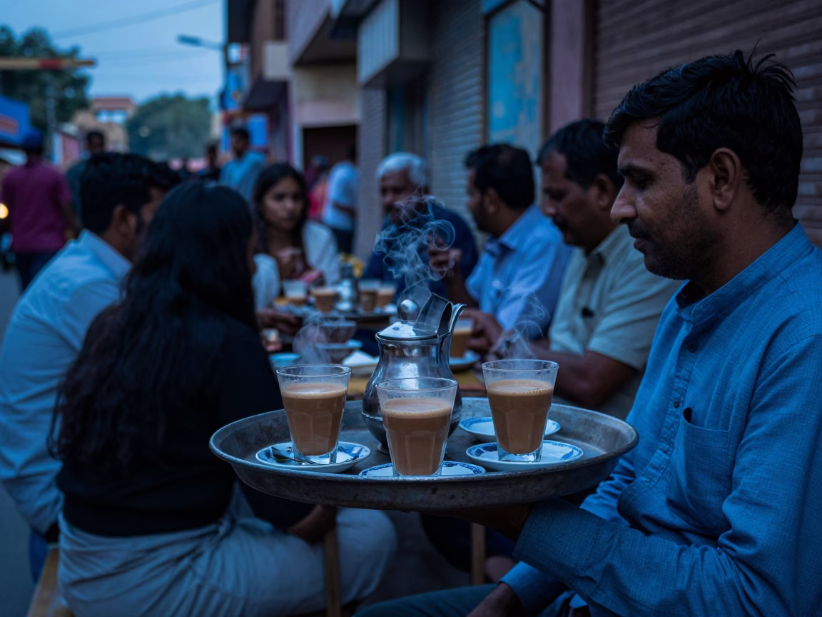 Evening Street Dining in Jaipur India with Tea Trays and Local Patrons in in Jaipur, India