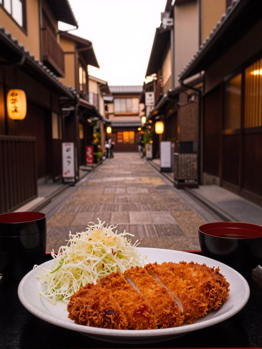 Evening street dining in Kyoto Japan with tonkatsu and shredded cabbage in in Kyoto, Japan