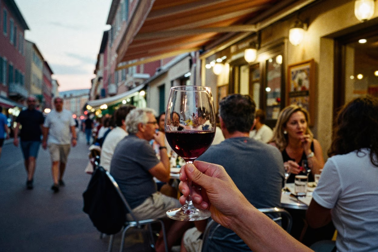 Evening Street Dining in Nice France with Red Wine and Local Cuisine in in Nice, France