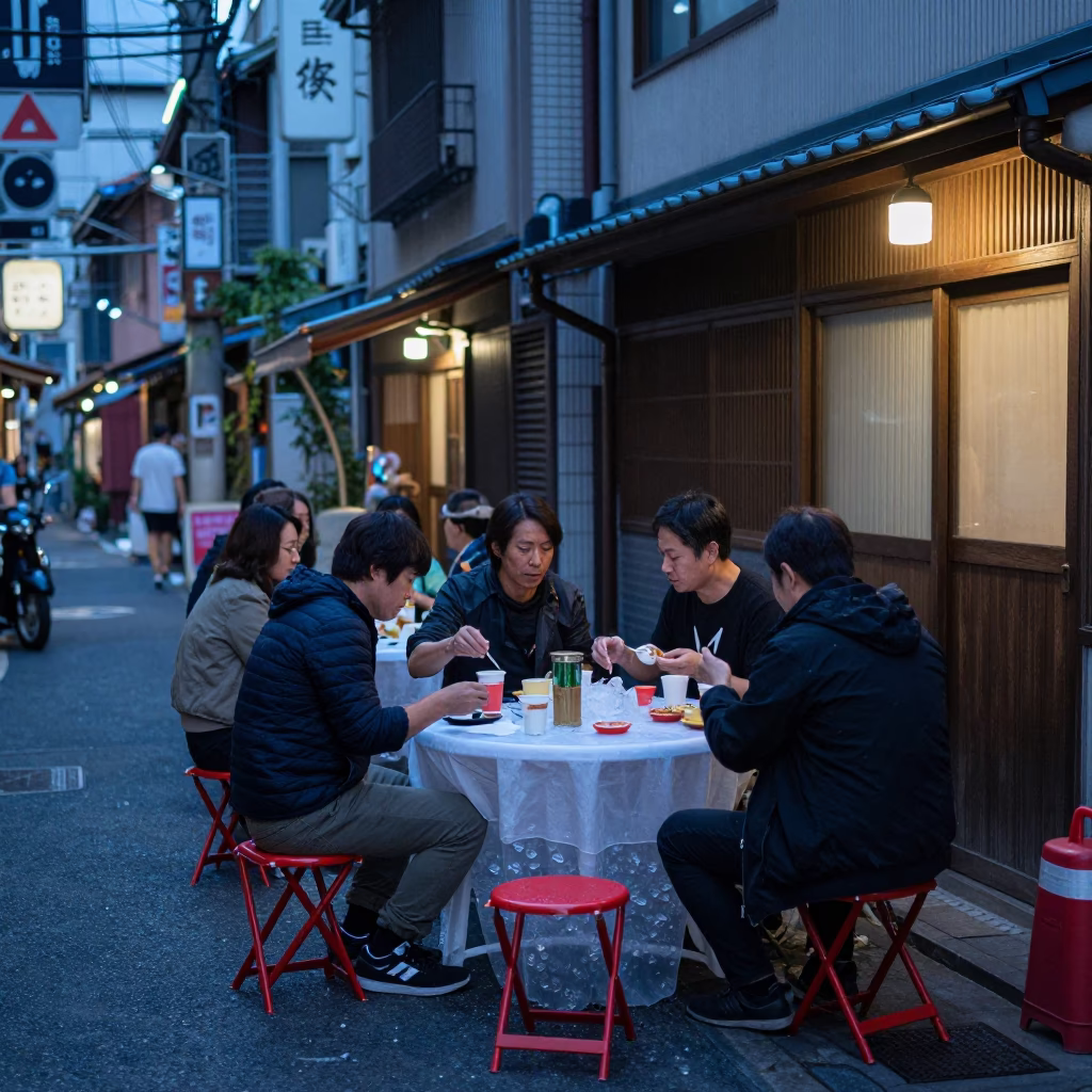 Evening Street Dining in Osaka Japan with Folding Stools and Ice Tongs in in Osaka, Japan